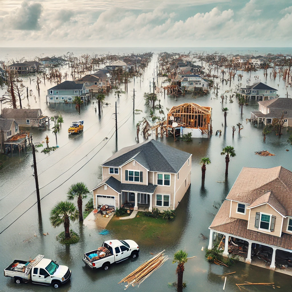 Barrio Costero Inundado: Un vecindario en Florida severamente afectado por el huracán, con casas sumergidas en agua, escombros dispersos y trabajadores de rescate ayudando a restablecer el suministro eléctrico. Esta imagen representa los devastadores efectos del Huracán Milton en las áreas costeras.